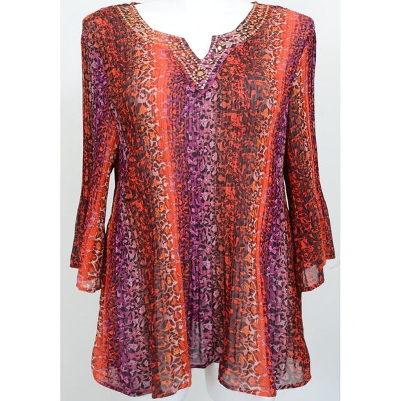 Catherine's PLUS 2X Multi-color Cheetah Print Studded Neckline Tunic Top Blouse - Picture 1 of 8